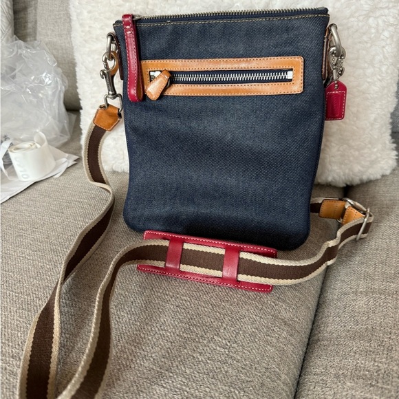 Coach Vintsge Denim Crossbody Bag with Red and Brown Accents - Picture 2 of 4